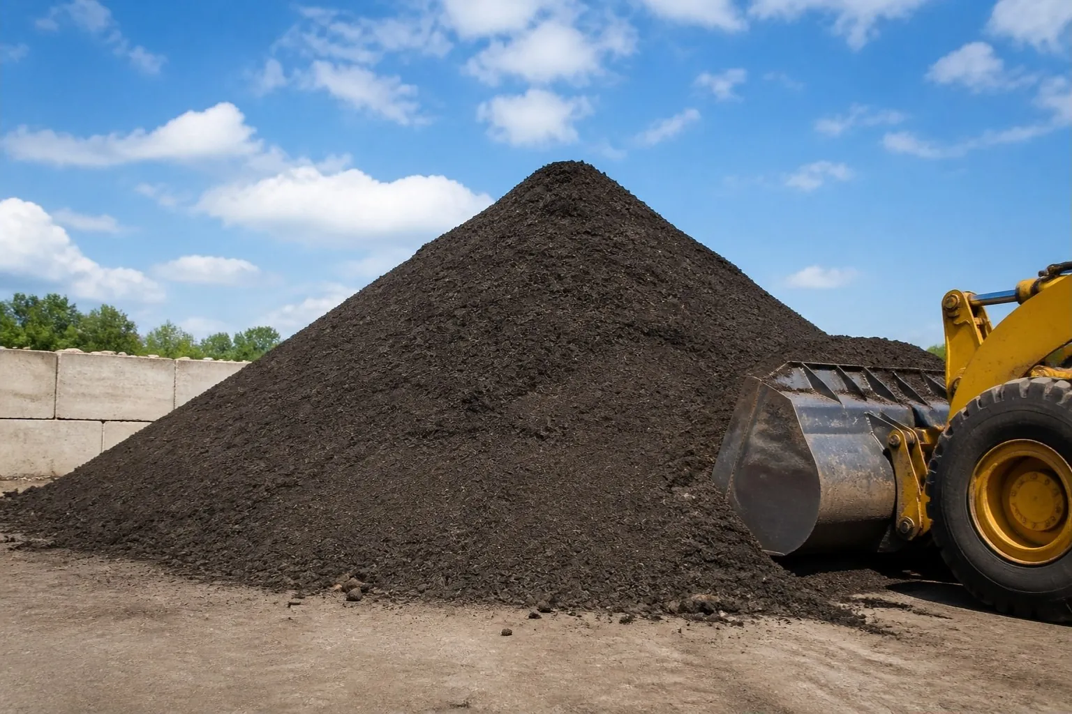 Large heap of dark screened topsoil with a loading shovel beside it