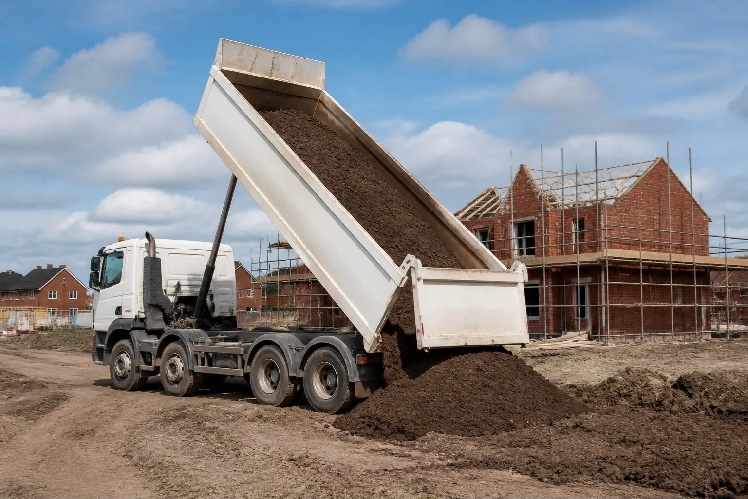 Tipper lorry tipping a load of dark screened topsoil on a new-build housing plot