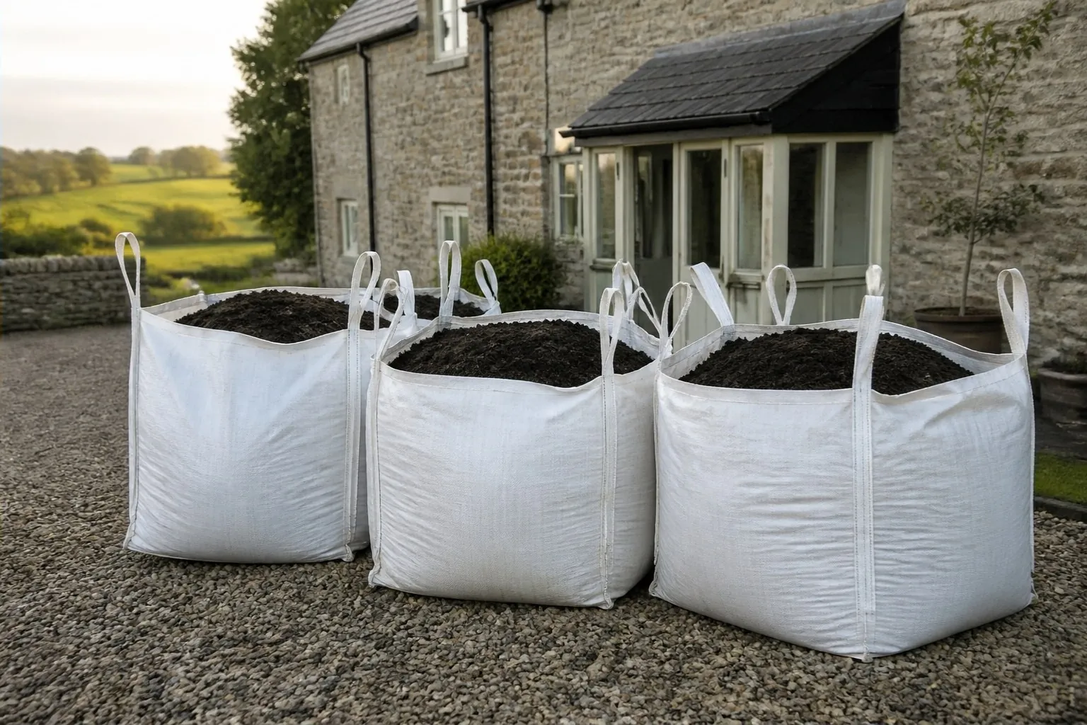 Three bulk bags of topsoil standing on a gravel drive outside a stone farmhouse